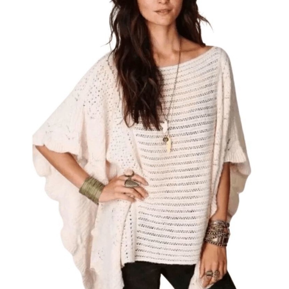Free People Snow Nymph Blush Cream Crochet Ruffles Wool Blend Asymmetrical